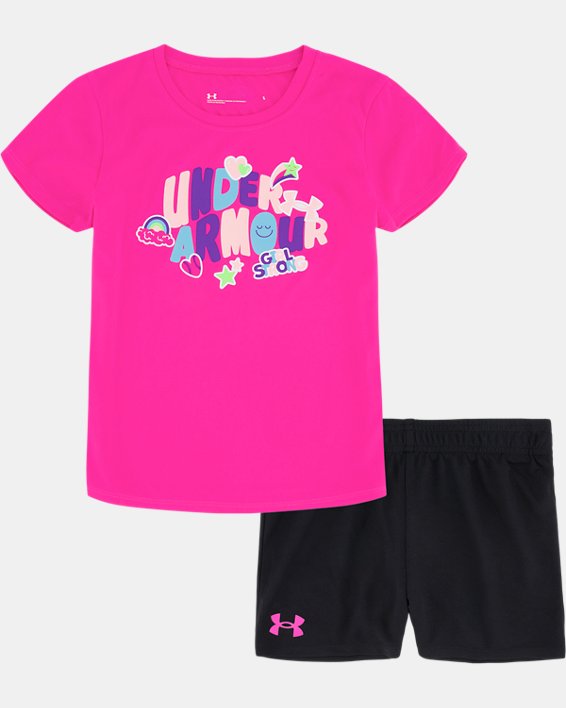 Girls' Infant UA Sticker Wordmark Short Sleeve & Shorts Set, Pink, pdpMainDesktop image number 0